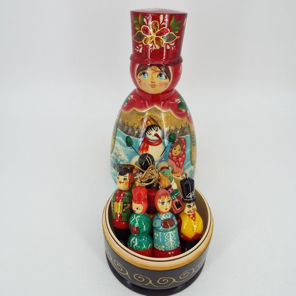 Original Russian Handcrafted Wood 10" Nesting Doll with 11 Ornaments - Picture 1 of 16